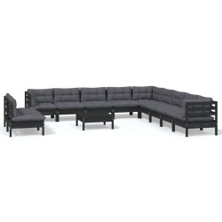 vidaXL Muebles de jardín 12 pzas con cojines negro madera maciza pino