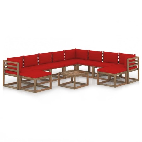 vidaXL Juego de muebles de jardín 11 piezas con cojines rojo