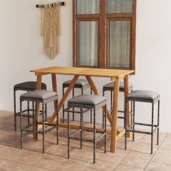 vidaXL Set de bar para jardín 7 piezas y cojines ratán sintético gris