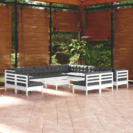 vidaXL Muebles de jardín 14 pzas con cojines blanco madera maciza pino