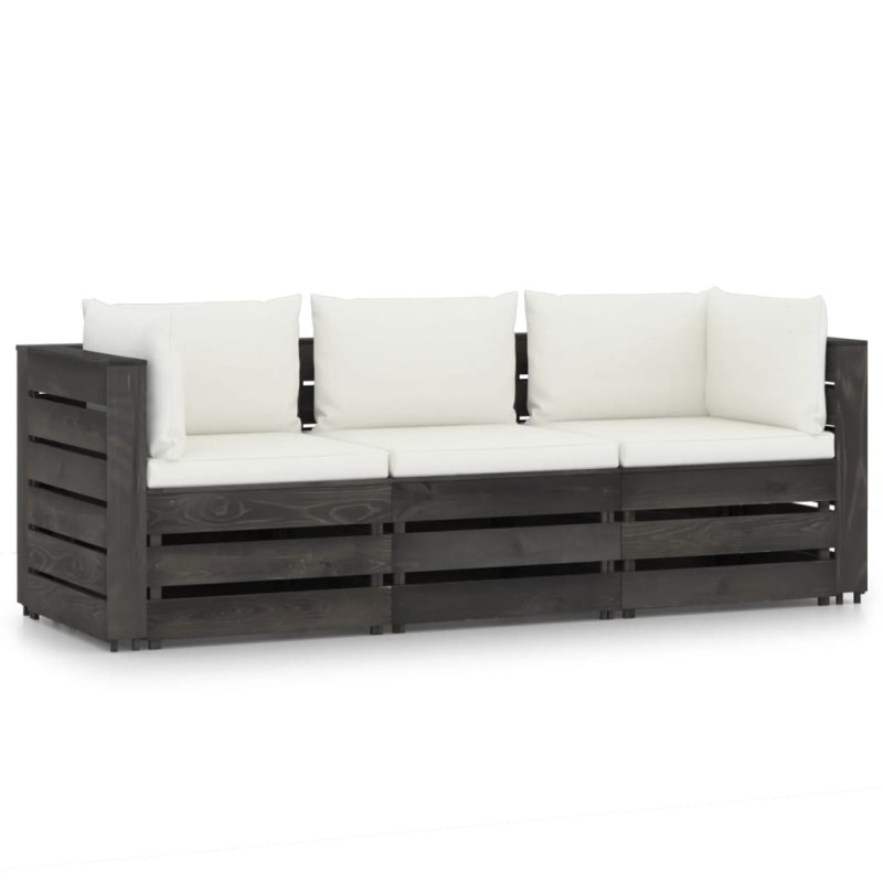 vidaXL Sofá de palets 3 plazas cojines gris madera de pino impregnada vidaXL Sofá de palets 3 plazas cojines gris madera de pino impregnada