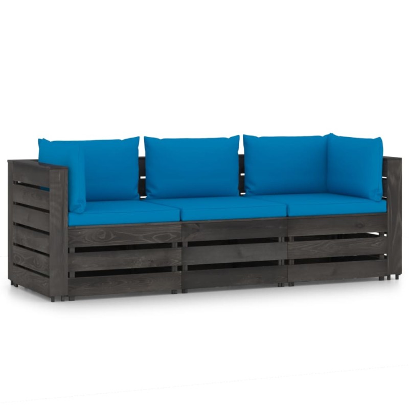 vidaXL Sofá de palets 3 plazas cojines gris madera de pino impregnada vidaXL Sofá de palets 3 plazas cojines gris madera de pino impregnada