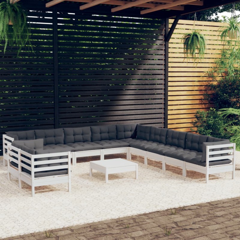 vidaXL Muebles de jardín 12 pzas con cojines blanco madera maciza pino vidaXL Muebles de jardín 12 pzas con cojines blanco madera maciza pino