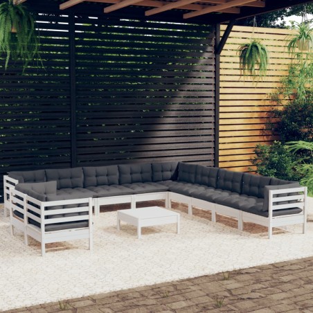 vidaXL Muebles de jardín 12 pzas con cojines blanco madera maciza pino