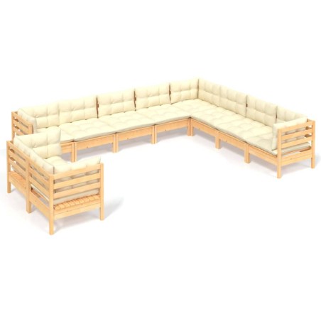 vidaXL Muebles de jardín 10 pzas y cojines madera maciza de pino crema
