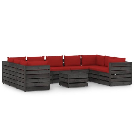 vidaXL Muebles de jardín 10 piezas con cojines madera impregnada gris