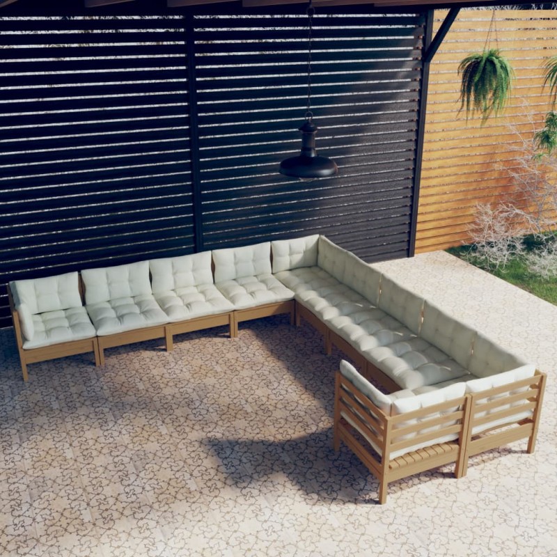 vidaXL Muebles de jardín 10 pzas y cojines madera de pino marrón miel vidaXL Muebles de jardín 10 pzas y cojines madera de pino marrón miel