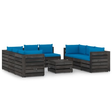 vidaXL Muebles de jardín 9 piezas con cojines madera impregnada gris
