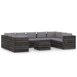 vidaXL Muebles de jardín 10 piezas con cojines madera impregnada gris