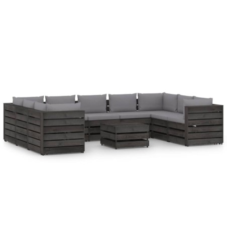 vidaXL Muebles de jardín 10 piezas con cojines madera impregnada gris