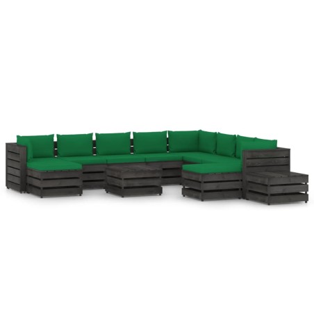 vidaXL Muebles de jardín 12 piezas con cojines madera impregnada gris