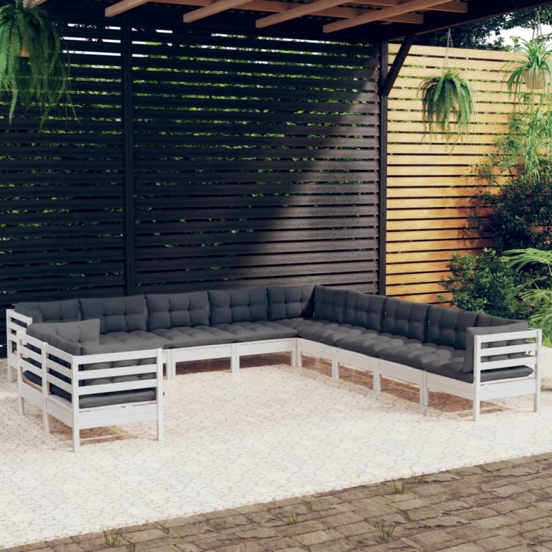 vidaXL Muebles de jardín 11 pzas y cojines blanco madera maciza pino