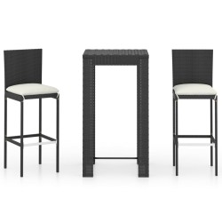vidaXL Set muebles bar jardín 3 piezas y cojines ratán sintético negro