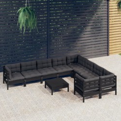 vidaXL Muebles de jardín 10 pzas con cojines negro madera de pino