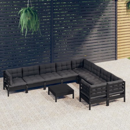 vidaXL Muebles de jardín 10 pzas con cojines negro madera de pino