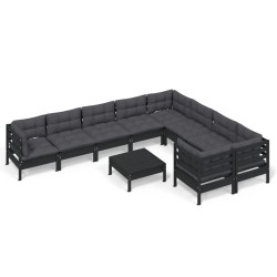 vidaXL Muebles de jardín 10 pzas con cojines negro madera de pino