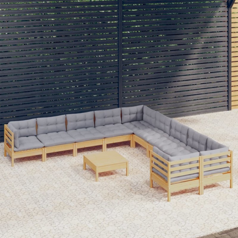 vidaXL Muebles de jardín 11 pzas y cojines madera de pino gris vidaXL Muebles de jardín 11 pzas y cojines madera de pino gris