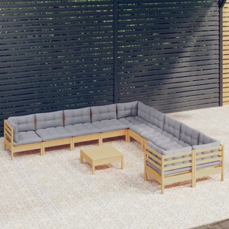 vidaXL Muebles de jardín 11 pzas y cojines madera de pino gris