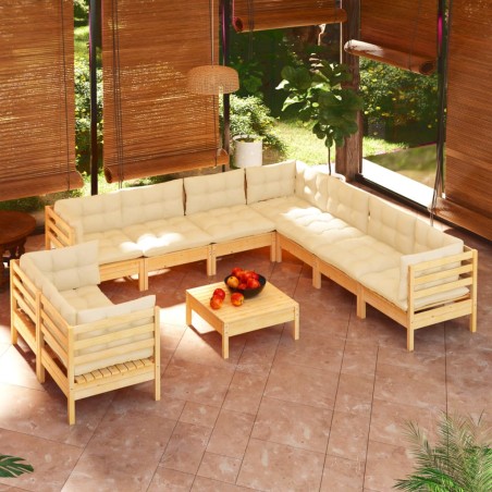 vidaXL Muebles de jardín 10 pzas y cojines madera maciza de pino crema