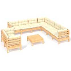 vidaXL Muebles de jardín 10 pzas y cojines madera maciza de pino crema
