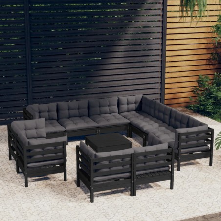 vidaXL Muebles de jardín 12 pzas con cojines negro madera maciza pino