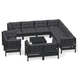 vidaXL Muebles de jardín 12 pzas con cojines negro madera maciza pino