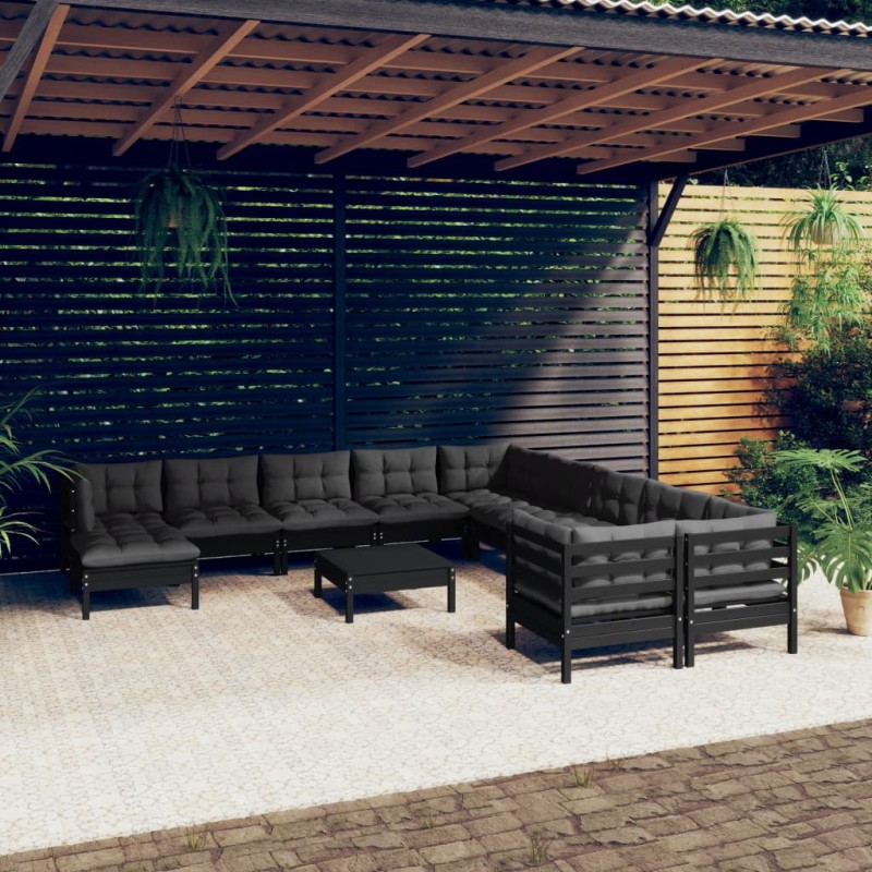 vidaXL Muebles de jardín 12 pzas y cojines negro madera de pino