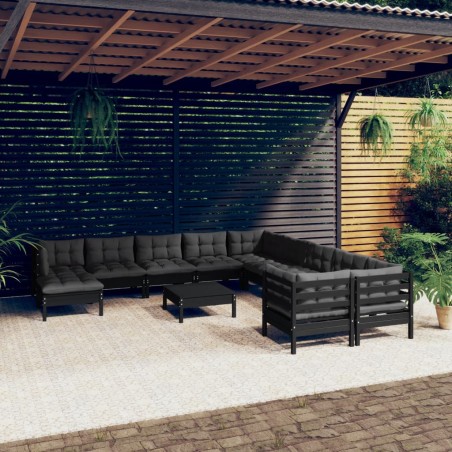 vidaXL Muebles de jardín 12 pzas y cojines negro madera de pino