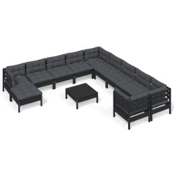 vidaXL Muebles de jardín 12 pzas y cojines negro madera de pino