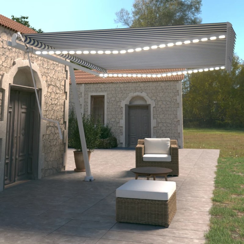 vidaXL Toldo automático LED sensor de viento azul y blanco 450x350 cm vidaXL Toldo automático LED sensor de viento azul y blanco 450x350 cm