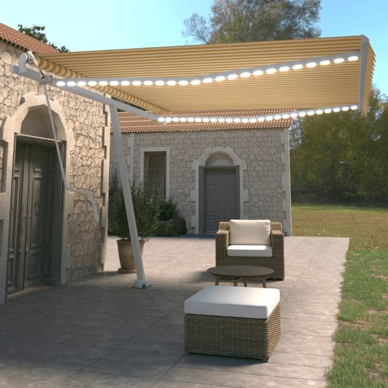 vidaXL Toldo automático LED sensor de viento amarillo blanco 450x350cm vidaXL Toldo automático LED sensor de viento amarillo blanco 450x350cm