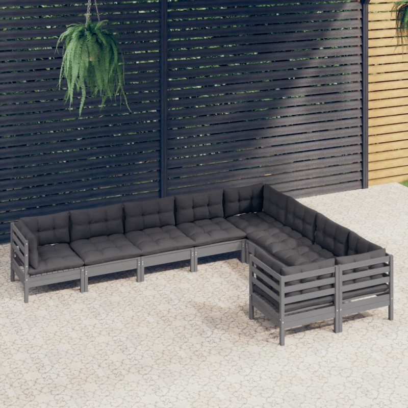 vidaXL Muebles de jardín 9 pzas y cojines gris madera de pino vidaXL Muebles de jardín 9 pzas y cojines gris madera de pino