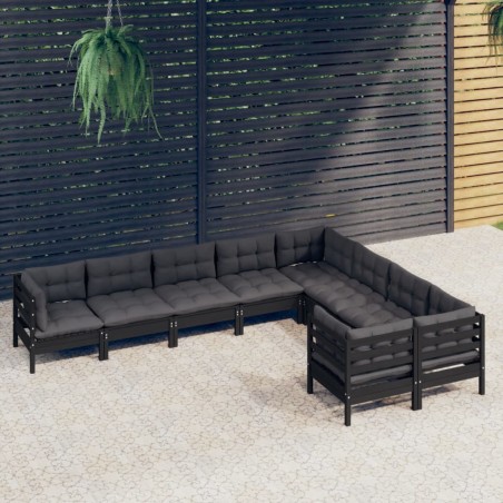 vidaXL Muebles de jardín 9 piezas y cojines negro madera de pino