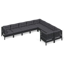 vidaXL Muebles de jardín 9 piezas y cojines negro madera de pino