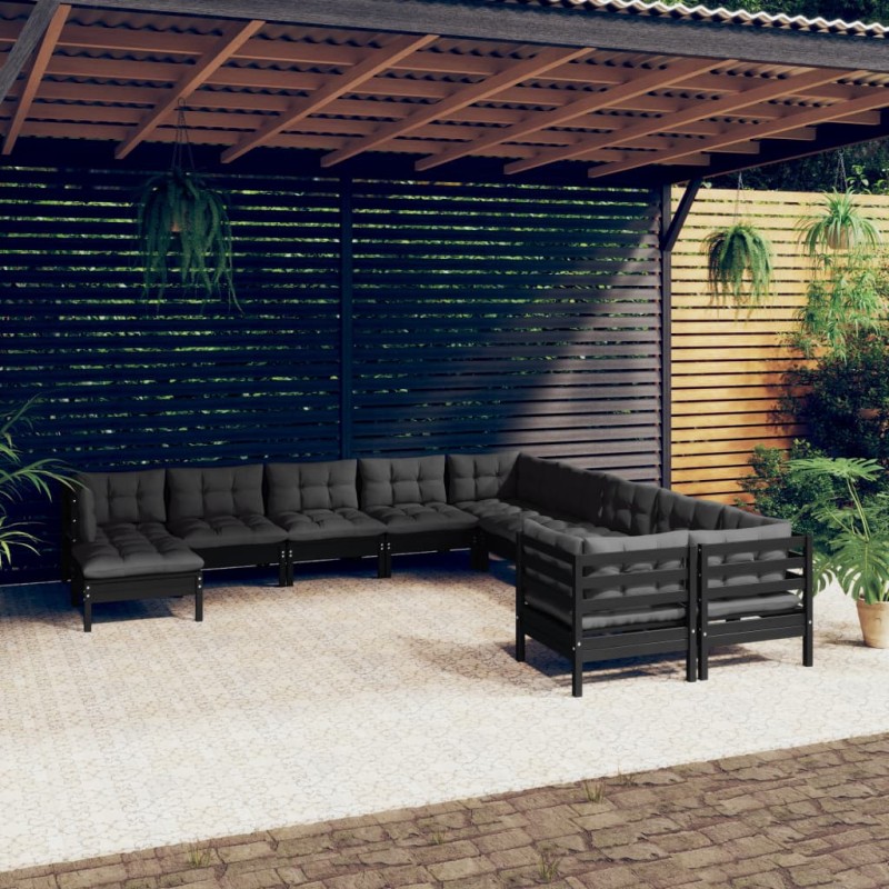 vidaXL Muebles de jardín 11 pzas y cojines negro madera de pino vidaXL Muebles de jardín 11 pzas y cojines negro madera de pino