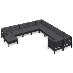 vidaXL Muebles de jardín 11 pzas y cojines negro madera de pino