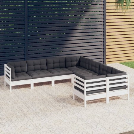 vidaXL Muebles de jardín 8 pzas y cojines blanco madera maciza de pino