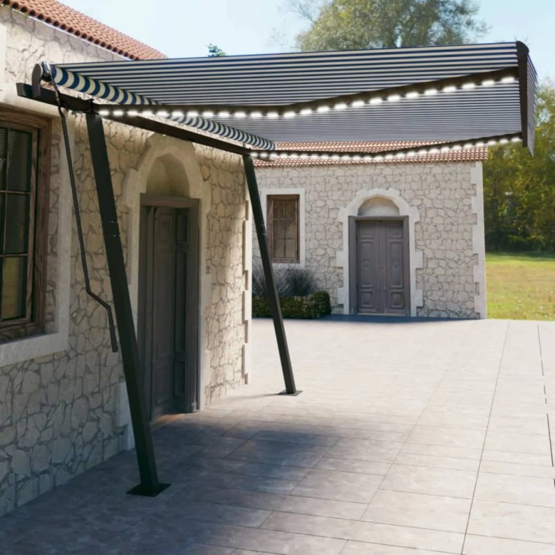 vidaXL Toldo manual retráctil con LED azul y blanco 4,5x3 m vidaXL Toldo manual retráctil con LED azul y blanco 4,5x3 m