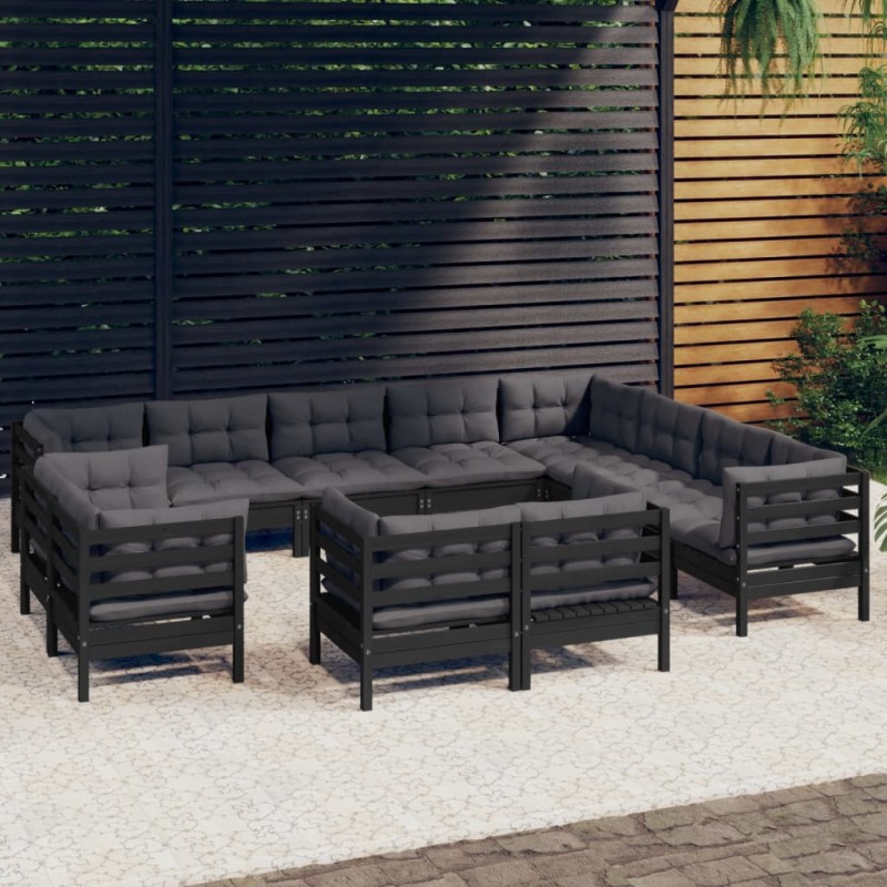 vidaXL Muebles de jardín 12 pzas y cojines negro madera maciza de pino vidaXL Muebles de jardín 12 pzas y cojines negro madera maciza de pino