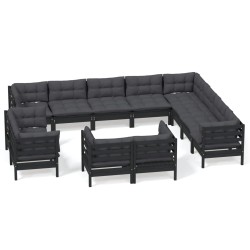 vidaXL Muebles de jardín 12 pzas y cojines negro madera maciza de pino