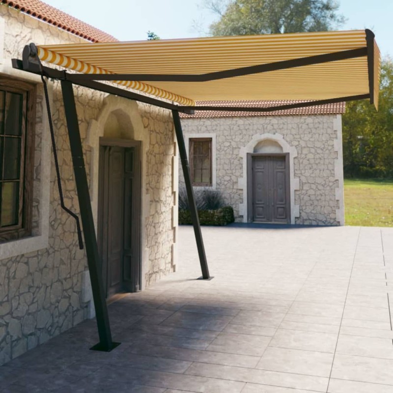 vidaXL Toldo automático retráctil con postes amarillo y blanco 4,5x3 m vidaXL Toldo automático retráctil con postes amarillo y blanco 4,5x3 m