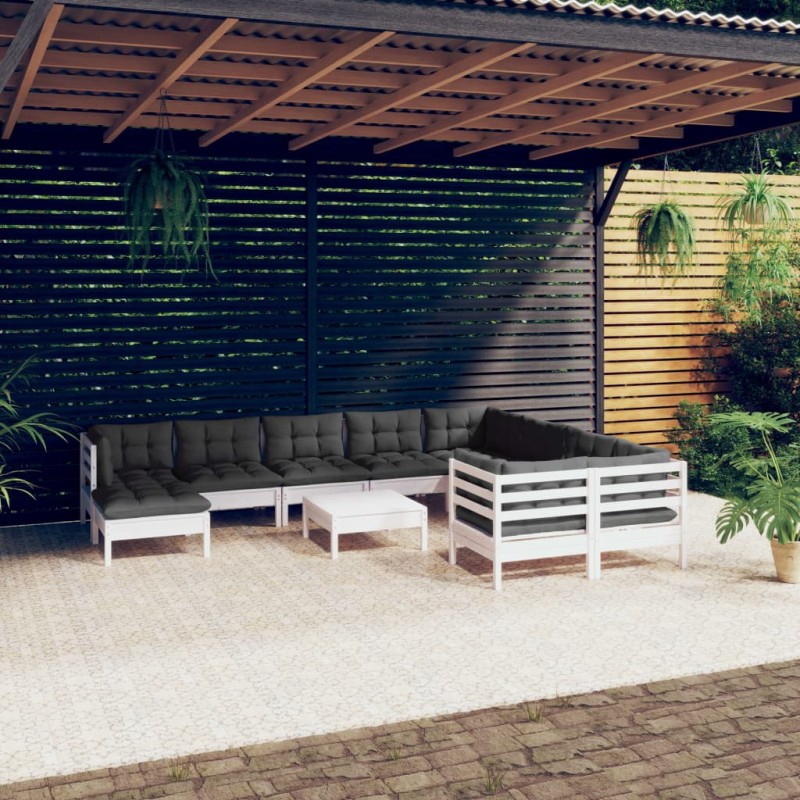vidaXL Muebles de jardín 11 pzas cojines blanco madera de pino vidaXL Muebles de jardín 11 pzas cojines blanco madera de pino