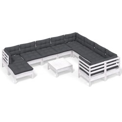 vidaXL Muebles de jardín 11 pzas cojines blanco madera de pino