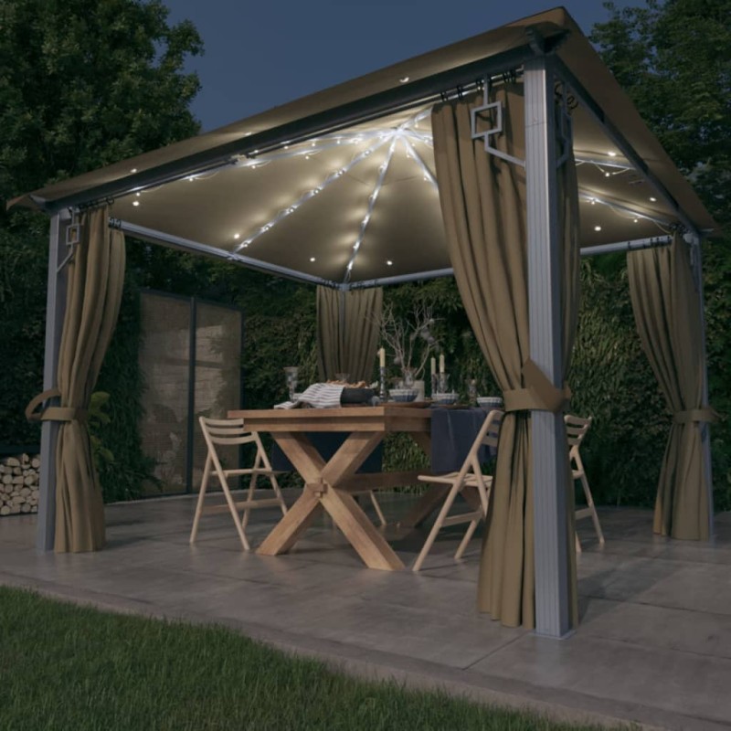 vidaXL Cenador con cortina y tira de luz aluminio taupé 300x300 cm vidaXL Cenador con cortina y tira de luz aluminio taupé 300x300 cm