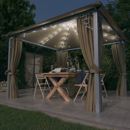 vidaXL Cenador con cortina y tira de luz aluminio taupé 300x300 cm