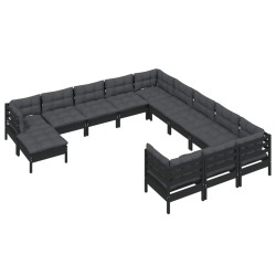 vidaXL Muebles de jardín 12 pzas con cojines negro madera de pino