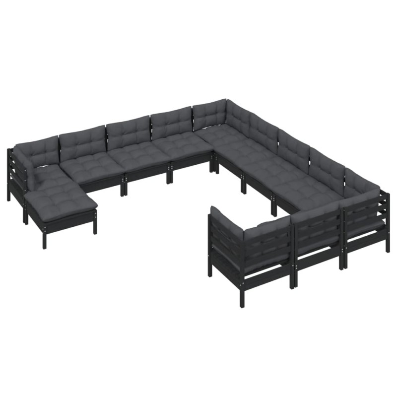 vidaXL Muebles de jardín 12 pzas con cojines negro madera de pino