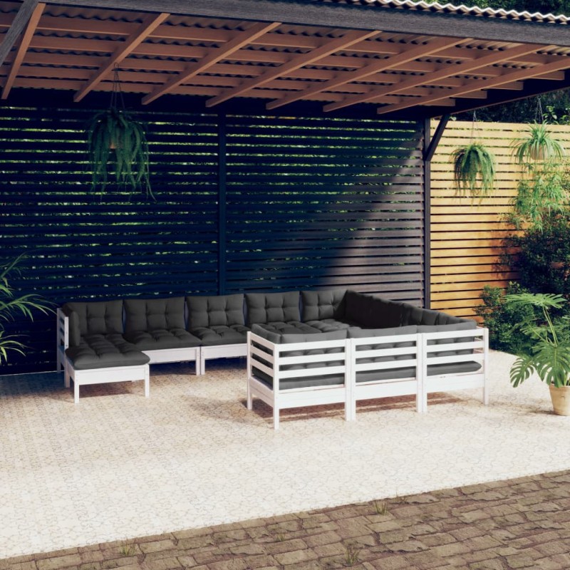 vidaXL Muebles de jardín 11 pzas y cojines blanco madera de pino vidaXL Muebles de jardín 11 pzas y cojines blanco madera de pino