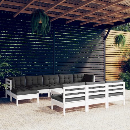 vidaXL Muebles de jardín 11 pzas con cojines blanco madera de pino