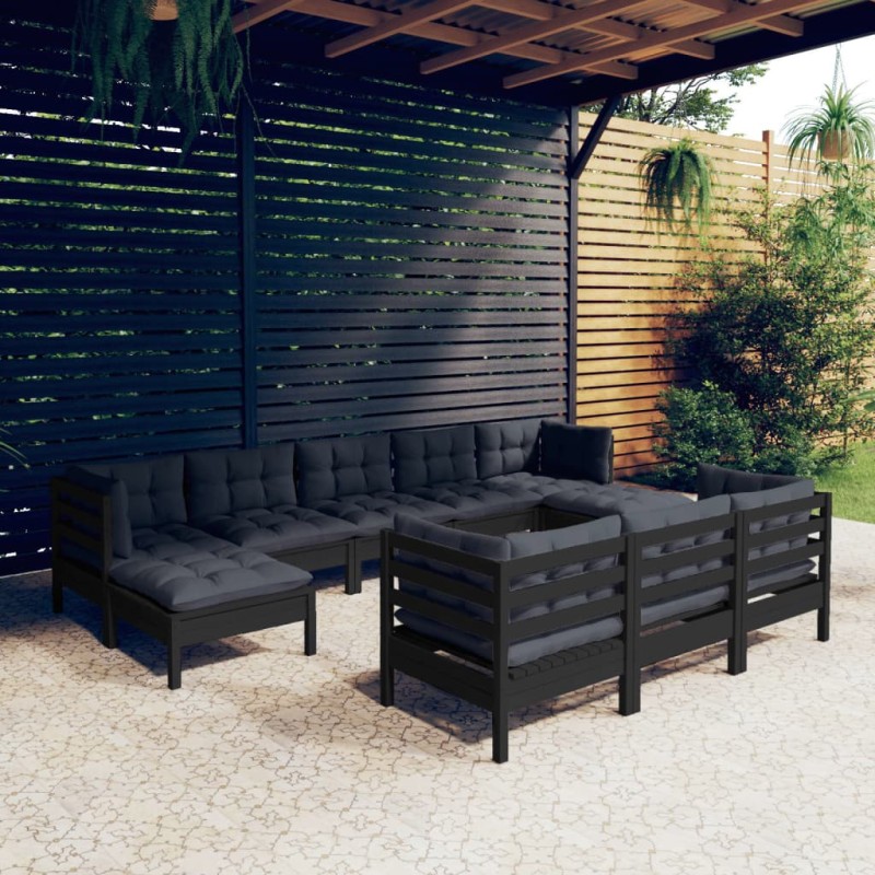 vidaXL Muebles de jardín 10 pzas y cojines negro madera maciza de pino